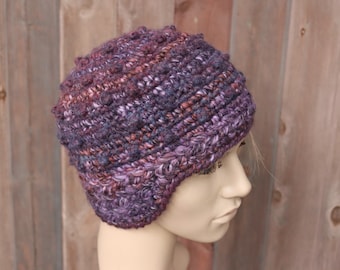 Ear flap womens hat, crochet purple beanie hat with ear muffs, winter crochet hat in purple and rust