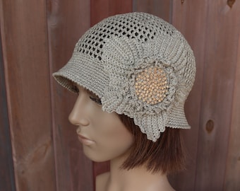 Crochet cloche hat, pure linen brimmed hat for women, womens summer hat, beach hat for her, crochet flax hats