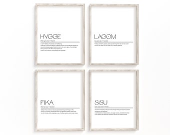 Scandinavian Word Definition Printable Wall Art, Set of 4, Hygge Lagom Sisu Fika Modern Scandi Typography Art Print, Nordic Wall Decor Print