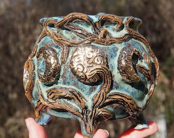 Solstice Forest, Entwine Series Cauldron Mug #11 in Vivid Blue  -- texture green cauldron ceramic pottery coffee tea cocoa cup