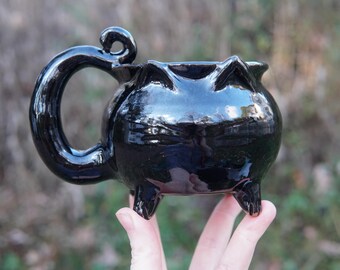 Cat Cauldron Mug in Silk Black -- ceramic pottery mug brew coffee tea soup cup bowl