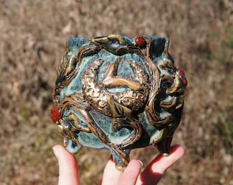 Solstice Forest, Entwine Series Cauldron Mug #11 in Vivid Blue  -- texture green cauldron ceramic pottery coffee tea cocoa cup