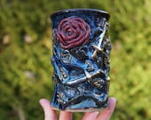 Second *** The Savage Garden, 22k Rose and Dagger  -- texture green cauldron ceramic pottery coffee tea cocoa cup