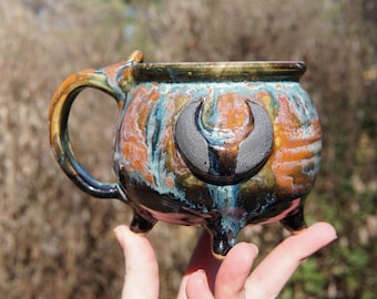 Dark Wet Moon Cauldron Mug in Ritual Carnelian -- autumn fall halloween orange spooky festive pumpkin ceramic coffee tea cup mug