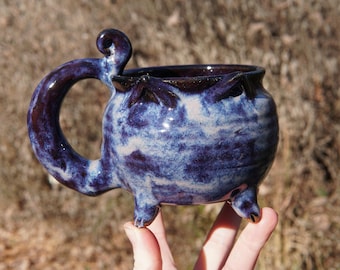 Cat Cauldron Mug in Chevron Amethyst-- ceramic pottery mug brew coffee tea soup cup bowl