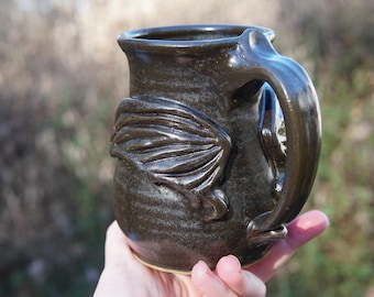 XL Dark Wings Mug in Iron Age glaze- ceramic pottery mug brew coffee tea soup cup bowl