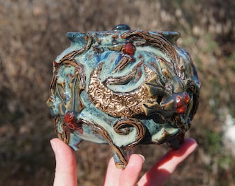 Solstice Forest, Entwine Series Cauldron Mug #11 in Vivid Blue  -- texture green cauldron ceramic pottery coffee tea cocoa cup