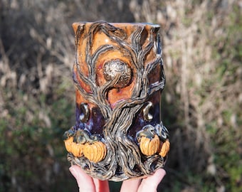 XL 22k Golden Entwine Series Cauldron Mug #17 in Amethyst Sacrament at Dusk  -- texture green cauldron ceramic pottery coffee tea cocoa cup