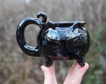 Cat Cauldron Mug in Silk Black -- ceramic pottery mug brew coffee tea soup cup bowl