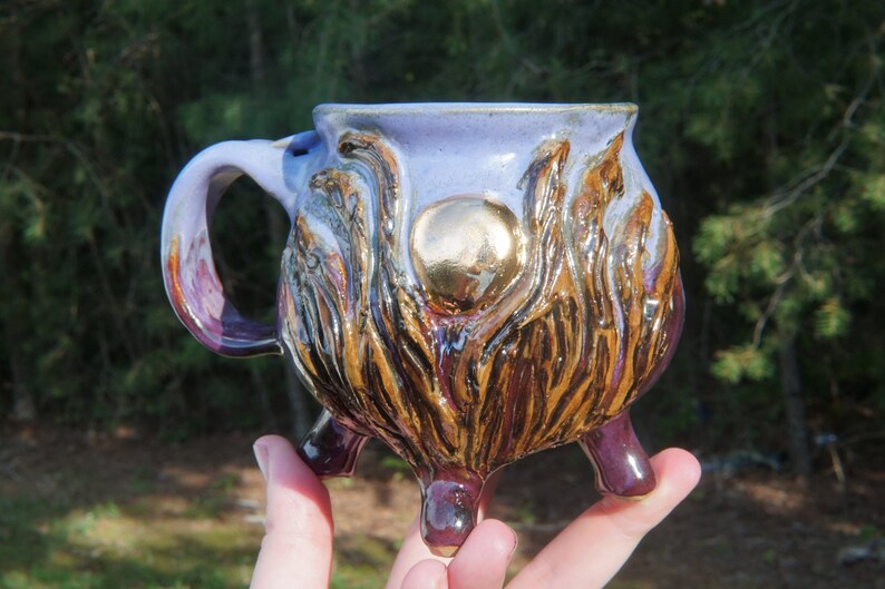 22k Golden Entwine Series Cauldron Mug #15 in Amethyst Sacrament texture green cauldron ceramic pottery coffee tea cocoa cup