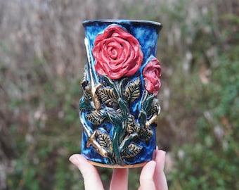 XL The Savage Garden, 22k Rose and Dagger in Delphi Mist  -- texture green cauldron ceramic pottery coffee tea cocoa cup