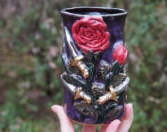 XL The Savage Garden, 22k Rose and Dagger in Delphi Mist  -- texture green cauldron ceramic pottery coffee tea cocoa cup