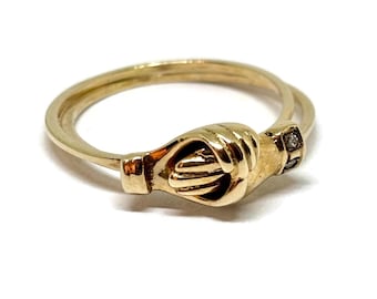 Antique 14k Gimmel hands ring. Vintage Fede ring with 2 small diamonds. Unique ring for wedding or engagement.