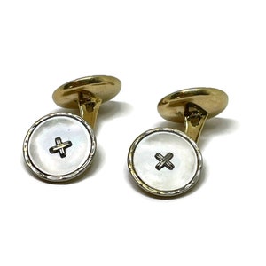 14k MOP Pearl Art Deco button cufflinks. Mother of pearl button gold cufflinks. 14k hallmarked