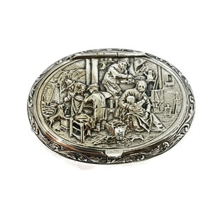 Oval silver box. Repousse Old Dutch scene. Dutch silver hallmarked. Antique trinket box