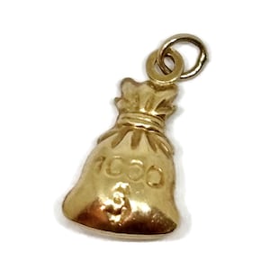 Ciondolo a forma di sacchetto di soldi in oro, ciondolo in oro per bracciale o collana. Sacco di soldi da 1000 dollari. portafortuna