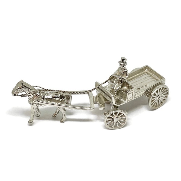 Caballo y carro en miniatura. Vagón agrícola tirado por caballos con figura de plata holandesa 835