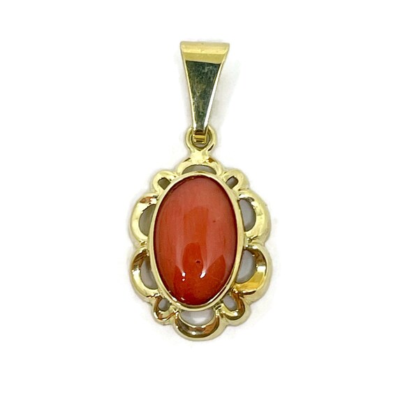 Red Coral Pendant. Natural Red Coral Mounted in a Gold Frame