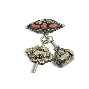 Natural Red coral silver brooch with signet and pocket watch key