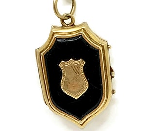 Pendentif antique en or victorien 14 carats, pendentif médaillon avec plaques d'onyx noir en forme de bouclier