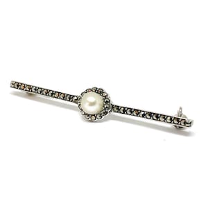 Marcasite and pearl silver bar brooch