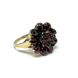Garnet cluster ring. Victorian style 14k gold band. Garnets are pink cut.