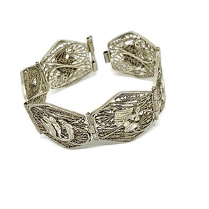 Egypt silver filigree panel bracelet. Pyramids and sphinx, Nefertiti etc Handmade historic jewelry.