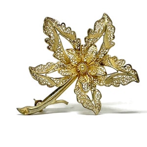 Op de afbeelding: Een gouden filigraan broche in de vorm van een bloem met een steel. De bloem heeft een delicaat, ingewikkeld ontwerp en is gemaakt van fijn draad.