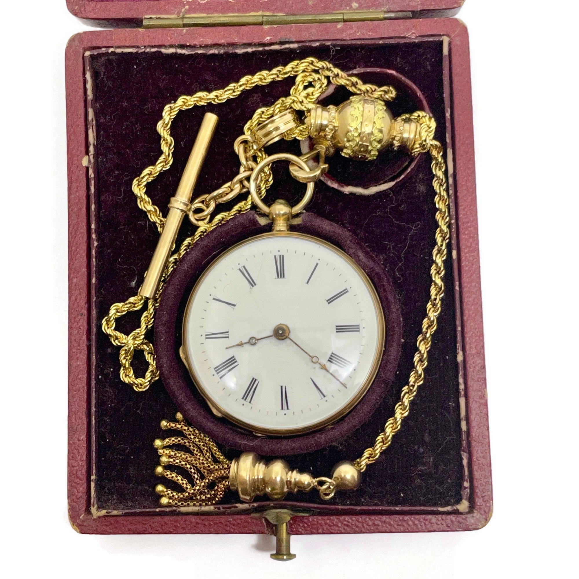 Courvoisier Freres Etui with 32 mm Key Wind Ladies Pocket Watch Pocket Watch. Gold with A Gold Marked Watch Chain and Original Box