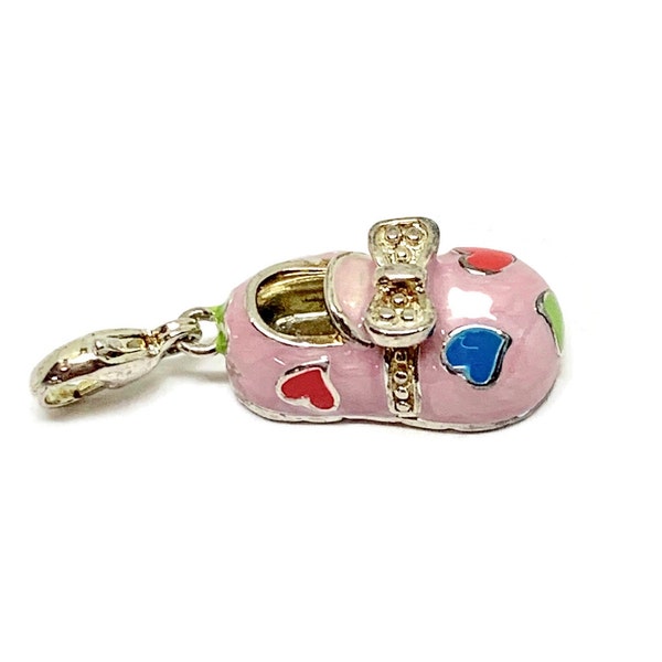 Baby shoe with bow and hearts Sterling Silver 925  Pink Enamel. Clip on charm