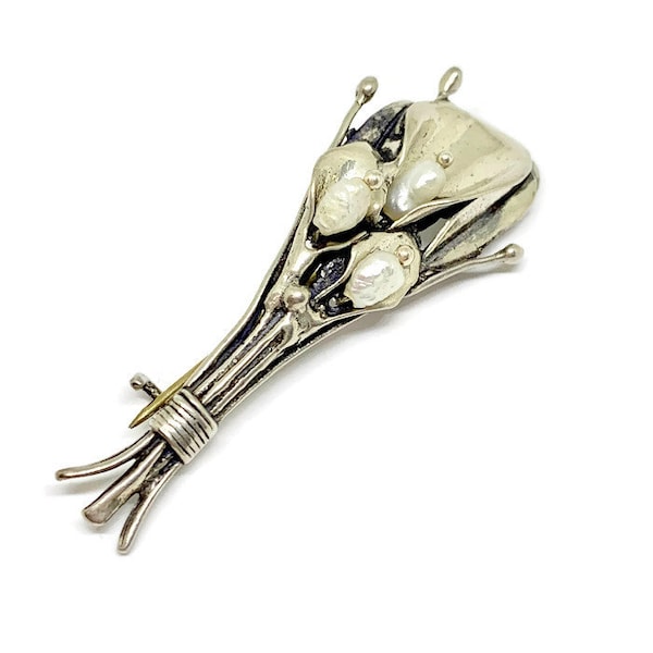 Silver Cala Lily Flower brooch with pearls Silver hallmarked