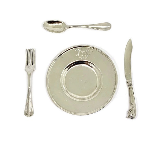 Miniature Dollhouse Plate and Cutlery Set. Dollhouse silverware