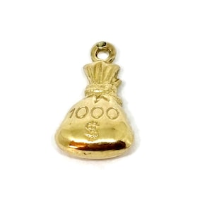 Ciondolo a forma di sacco porta soldi in oro da 1000 dollari, ciondolo in oro per bracciale o collana. Sacco di soldi da 1000 dollari. portafortuna