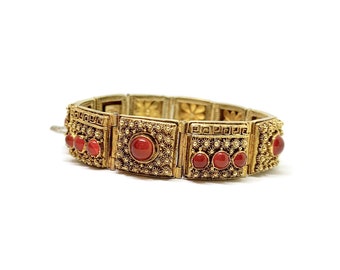 Red carnelian gold plated silver filigree panel bracelet. Silver hallmarked.