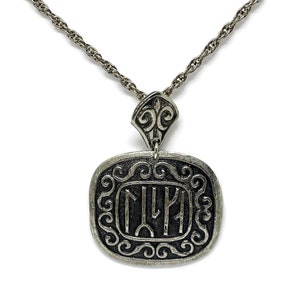 Norway Tinn modernist brutalist pendant with silver chain. OBI Tinn Norway. Scandinavian Pewter pendant