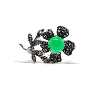 Marcasite flower brooch with green agate center stone, Sterling silver collectable dress pin.