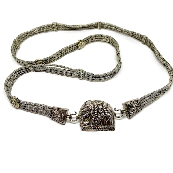 Indian Rajasthan silver belt with four foxtail strands and elephant buckle. attachment hook and bird ornaments to hold the strands together