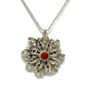 Silver filigree flower pendant with red coral center stone and with a 45 cm necklace