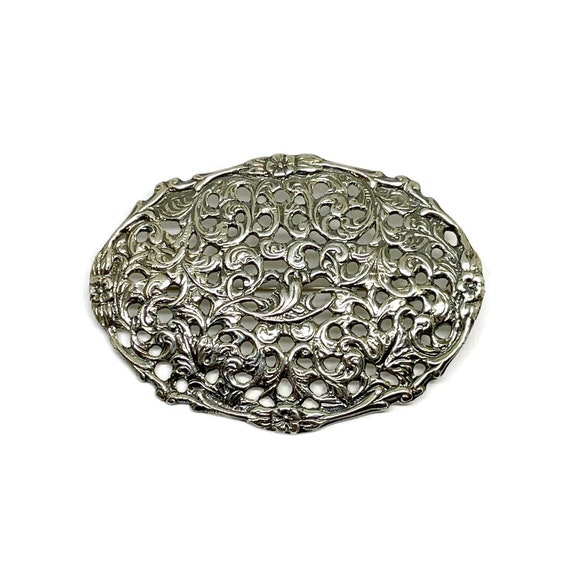 Antique Flower brooch. Oval silver brooch. Big br… - image 1