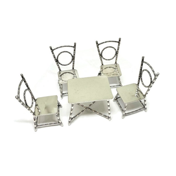 Miniature Table and Set of 4 miniature dollhouse chairs. Dutch hallmarked silver