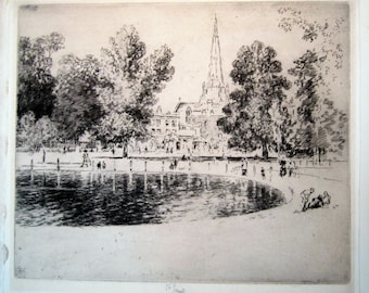 Vintage Antique Print Joseph Pennell Momchrome Etching Church
