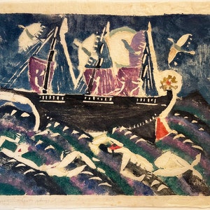 William Zorach Linocut: &quot;Marine (also known as Ship and Swimmers)&quot;