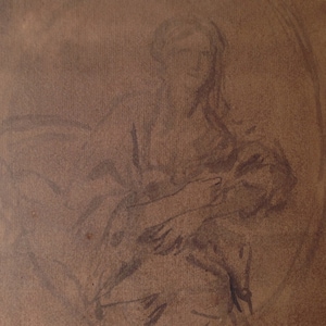 May include: A pencil sketch of a person sitting in a chair, drawn on brown paper.