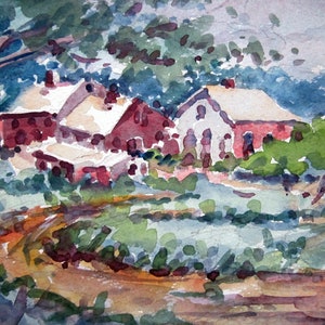 Landscape Watercolor: Houses and trees (verso side portrait of a woman)