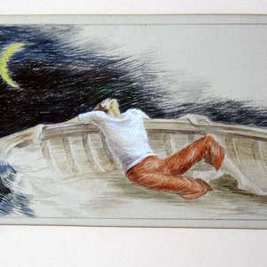 Priscila Burg Jenney watercolor: Man in a boat and crescent moon in the night sky