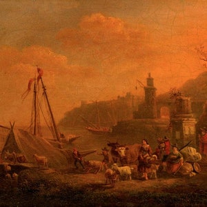 Manner of Nicolaes Berchem Oil on Copper: A Mediterranean Harbour Scene with a Man Moving his Cattle on a Boat