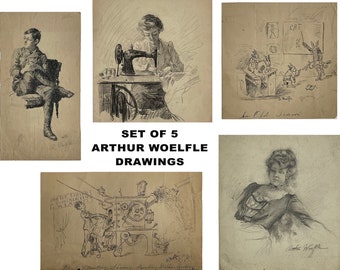 Set of 5: Arthur Woelfle Cartoon Drawings and human portraits