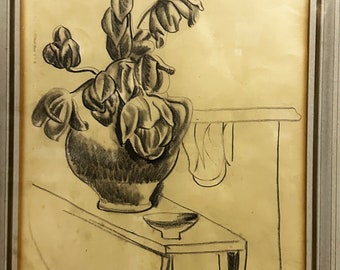 Jan Matulka Crayon Drawing: Still Life - Flowers in a vase