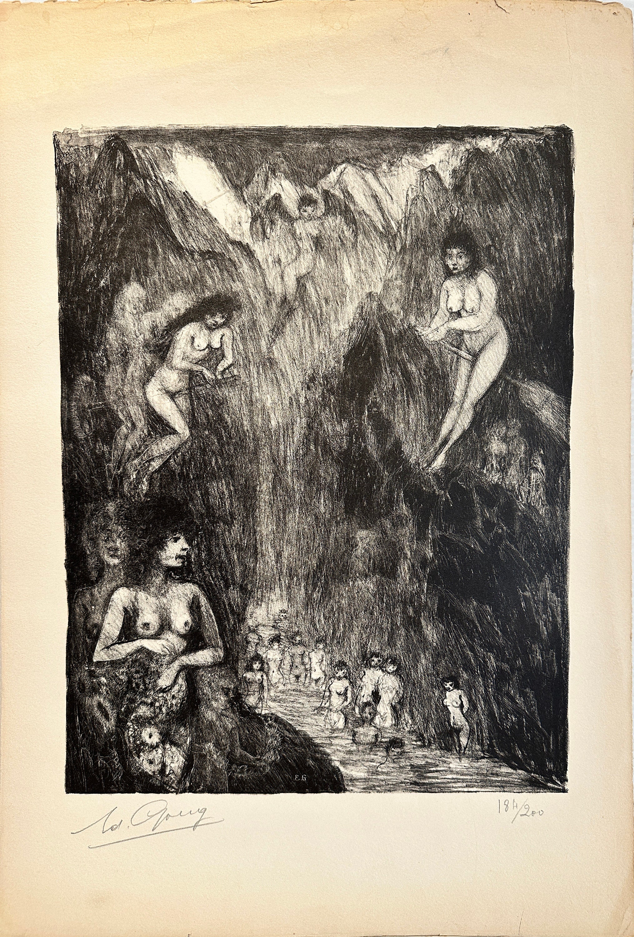 Litografía de Edouard Goerg: "Brujas bañándose en el valle" (Ed. 184/200)