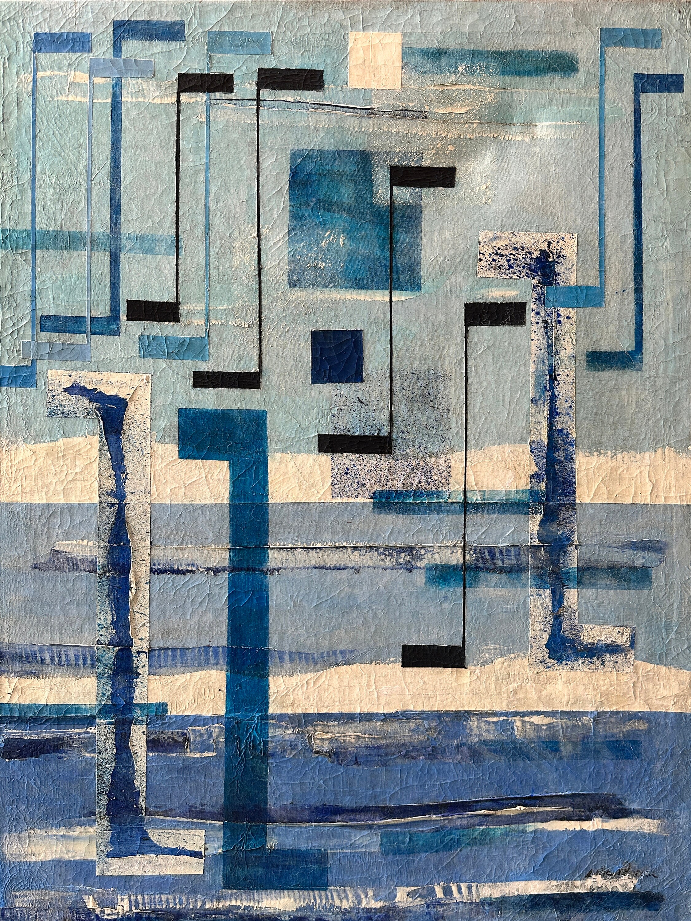 Irene Rice Pereira Oil on Canvas: Blue Abstract Composition 